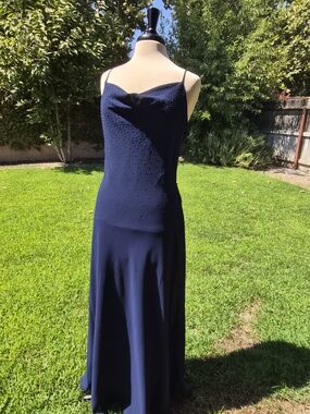 VTG 90s Y2K Dollar Navy Blue Beaded Cowl Neck Formal Gown Prom Maxi Dress M 0513